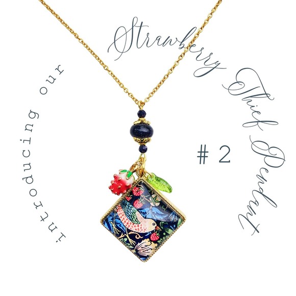 Strawberry Thief Pendant Necklace, William Morris Bird Cottage Core, Sandstone - Picture 3 of 8